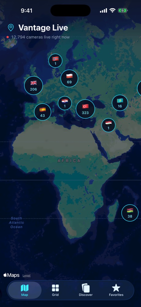 The Vantage Live world map with camera clusters